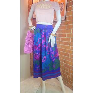 Vintage 80s-90s Floral Midi Skirt- Electric Blue & Magenta Botanical Print